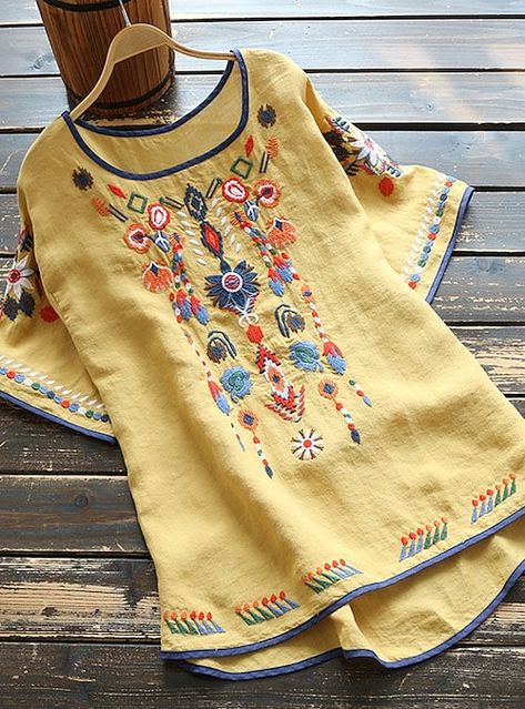 Cotton Tunic Tops, Spring Blouses, Embroidery Top, Mode Casual, Embroidered Shorts, Cotton Blouses, Summer Cotton, Embroidered Top, Plus Size Tops