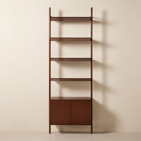 Nabla Brown Walnut Wood Wall Mount Bookcase with Cabinet + Reviews | CB2 Bookshelf With Bottom Cabinet, Book Shelf With Cabinet, Wall Mounted Book Shelves, Cb2 Shelves, Mcm Bookcase, Charlotte Apartment, Shelf With Cabinet, Bookcase With Cabinet, Dark Wood Bookcase