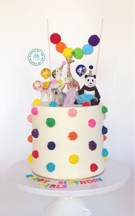 Pom Pom Cake, Colorful Birthday Cake, Rainbow Pom Pom, Animal Themed Birthday Party, Animal Theme Birthday, 2nd Birthday Party For Girl, Animal Birthday Cakes, Wild Birthday Party, Zoo Birthday