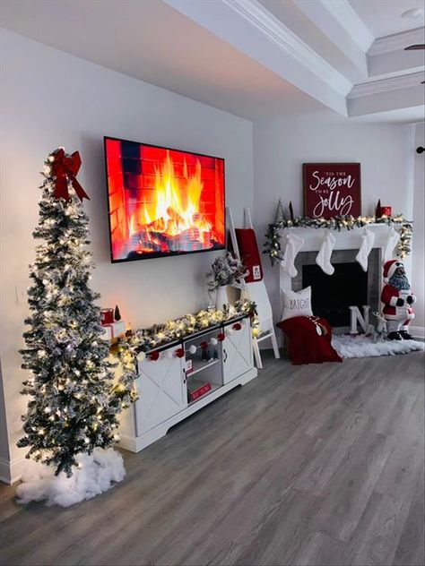 Red White Xmas Decor, White Christmas Home Decor Ideas, White And Red Room Bedrooms, Holiday Apartment Decor Ideas, Red And White Christmas House Decor, White And Red Living Room Ideas, Over The Chimney Decor, White Christmas Apartment Decor, Red And White Christmas Decor Apartment