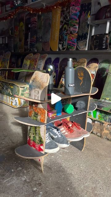 Skateboard Furniture on Instagram: "The skateboard shelf! Made entirely from used boards and can easily be taken apart. Full video will be up on YouTube soon! #skatechair" Skateboard Shelf, Skateboard Shelves, Skateboard Furniture, Skateboard Rack, Take Apart, January 22, Diy Shelves, Wood Stand, Skateboarding