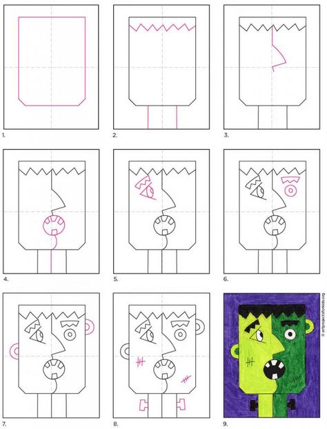 Halloween Crafts For Grades 3-5, Halloween Art For 3rd Grade, 3rd Grade Halloween Art Projects, Halloween Art 5th Grade, Halloween Art First Grade, Halloween Art 2nd Grade, Halloween Art 4th Grade, Easy Halloween Art Projects For Kids, How To Draw Frankenstein