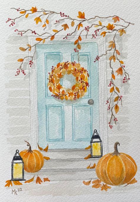 Autumn Drawing Watercolour, Fall Art Tutorials, Autumnal Watercolour Painting, Cute Fall Watercolor Paintings, Autumn Art Painting Watercolour, Halloween Water Coloring Ideas, Autumn Watercolour Painting, Autumn Watercolor Art, Autumn Watercolor Illustration