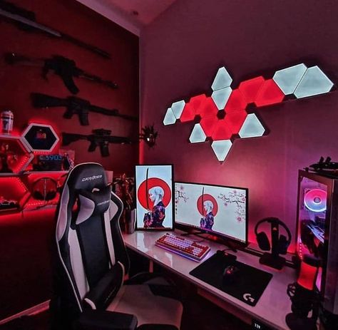 Gaming Bedroom, Small Game Rooms, Room Decoration Ideas, Gamer Setup, Bedroom Night Light, Video Game Room Design, Desktop Setup, Video Game Rooms, Bedroom Setup