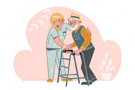 Premium Vector | Elderly care . a social worker or volunteer helps an older man walk. help and care for seniors with disabilities in a nursing home. Health Care Illustration, Elderly Health, Nurse Drawing, Residential Care Home, Health Care Assistant, Respite Care, Tee Ideas, Older Man, Family Caregiver