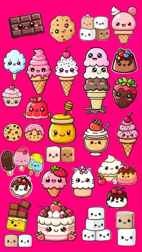 #kawaii #desserts Kawaii Desserts, Cute Cartoon Food, Clock Craft, Preppy Inspiration, Cute Easy Doodles, Beautiful Ocean Pictures, Doodle Art Drawing, Kitty Drawing, Cute Food Drawings