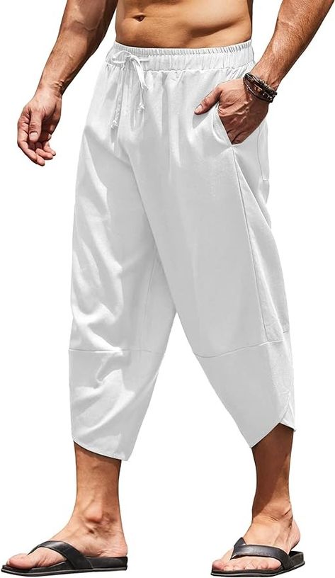 Amazon.com: COOFANDY Men's Linen Harem Capri Pants Lightweight Loose 3/4 Shorts Drawstring Elastic Waist Casual Beach Yoga Trousers White : Clothing, Shoes & Jewelry Capris Outfit, Capri Outfits, Yoga Trousers, Trousers White, White Clothing, Beach Yoga, Mens Linen, Shoes Jewelry, Capri Pants