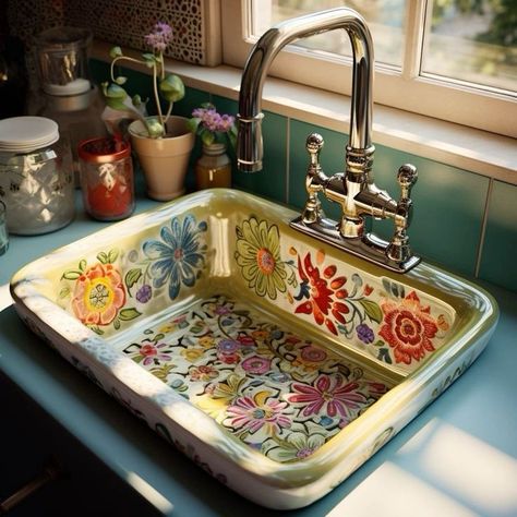 Kitchen Sink Inspiration, Estilo Kitsch, Sink Inspiration, Bohemian Kitchen, Painting Concrete Porch, Cottage Charm, Painted Concrete Porch, Concrete Porch, Boho Kitchen