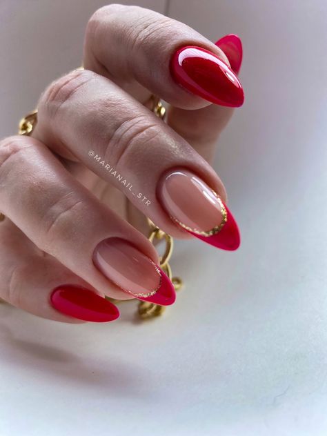 Red And Gold French Nails, Red French Tip Nails With Gold, White Red And Gold Nails, Christmas Red French Nails, Red Nail Tips Designs, Almond Shaped Valentines Day Nails, Red Tip Almond Nails, Red With Gold Nails, Valentines Day Nails White