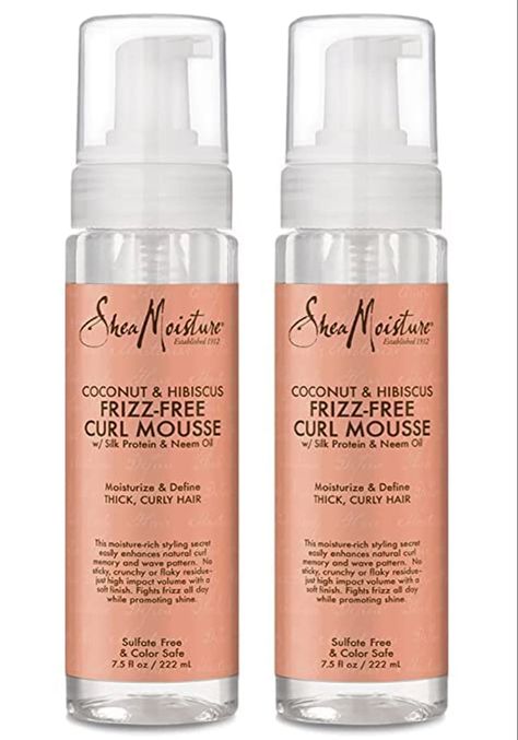 The SheaMoisture Coconut and Hibiscus Frizz-Free Curl Mousse, blended with Fair Trade Shea Butter, to make your curly hair beautiful and bouncy. Shea Moisture Coconut, Curly Hair Mousse, Coconut Hibiscus, Curl Mousse, Enhance Natural Curls, Frizz Free Curls, Dry Brittle Hair, Styling Mousse, Shea Moisture