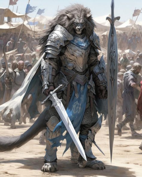 Tabaxi Knight, Animal Dnd Characters, Fantasy Race Concept Art, Leonin Fighter, Leonin Dnd, Animal Knight, Dungeons And Dragons Races, Beast Creature, Creature Artwork