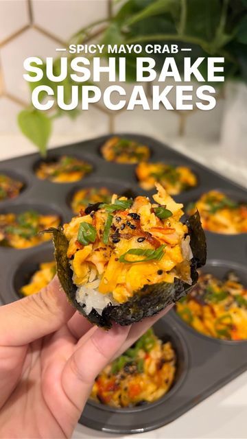 Mimi | Food + Travel on Instagram: "Spicy crab sushi bake cupcakes! These are a fun take on sushi bake casseroles. It is creamy, decadent, & the cupcakes make it perfect for sharing! Save this recipe for your next potluck with friends or family meal!   🫶 IB: @torminell’s salmon sushi muffins   INGREDIENTS (12 cupcakes): 1/2 lb imitation crab, shredded & cut 1/4 cup japanese mayo 1/4 cup cream cheese 1 tbs sriracha 3 seaweed sheets (nori) 2 cups rice, cooked drizzle japanese mayo drizzle srirach Sushi Muffin Tin, Shrimp Sushi Muffins, Sushi Muffin Cups, Cupcake Sushi Bake, Salmon Muffin Cups, Baked Salmon Seaweed Cups, Crab Sushi Cups, Sushi Bake In Muffin Pan, Shrimp Seaweed Cups