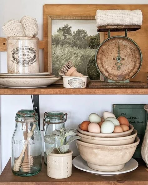 Copper Saucepan Display, Authentic Farmhouse Style, Home Made Vintage, Antique Homestead Decor, Non Farmhouse Decor, Vintage Kitchen Vignettes, French Soap Display, Old School Farmhouse Decor, Vintage Chic Kitchen