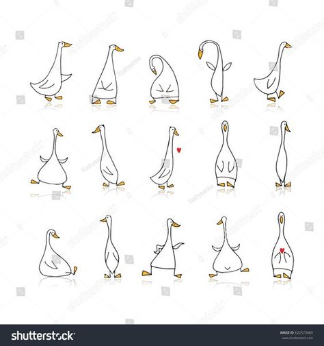 Duck Poses Drawing, Goose Illustration Drawings, Goose Doodle Cute, Cartoon Goose Drawing, Goose Line Art, Funny Goose Tattoo, Silly Goose Tattoo Matching, Cute Goose Illustration, Easy Goose Drawing