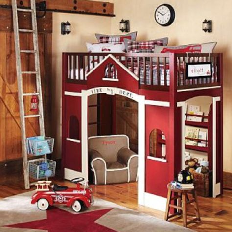 Pottery Barn Kids firehouse loft bed Fire Truck Room, Firetruck Bed, Cool Boys Room, Truck Room, Ideas Habitaciones, Kids Loft, Cool Kids Bedrooms, Kids Loft Beds, Big Boy Room