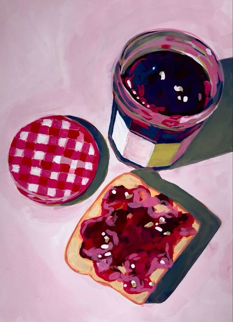 This is an oil painting by Julia Claire, a Los Angeles based artist. It is of a jam jar and toast with jam on it. Adult Drawing, Pieces Painting, Still Lifes, Food Painting, Oil Pastel Art, Gcse Art, Freelance Artist, High Art, Food Drawing