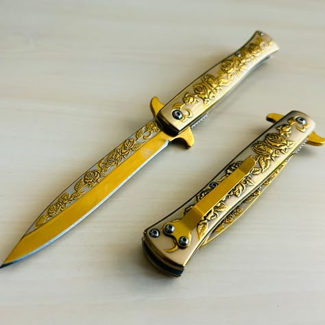 "*  9\" Gold Rose Engraved Cute Spring Assisted Open Blade Folding Pocket Knife. Hunting, Camping, Cute Knife. Cool Knife. *Great Gift For: excellent husband wife gift Wedding gift Father's Day gift Mother's Day gift Birthday Gift Groomsmen gift Christmas gift Luxury Gifts For Men Anniversary gift for husband *Handle Detail: 5\" Gold Titanium Coated Stainless Steel Handle with 3D Rose Engraving. *Blade Detail: 4\" Gold Titanium Coated Stainless Steel Needle Point Blade with Rose Engraving. *Over Beautiful Pocket Knife, Pocket Knife Design, Pocket Knife Aesthetic, Luxury Knife, Rose Engraving, Cute Knife, Cool Knife, Gifts For Men Anniversary, Gold Knife