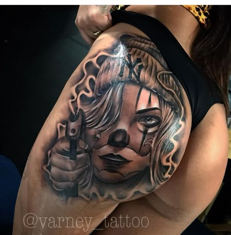 Cheats Tattoo Woman, Thug Tattoos For Women Leg, Chicana Tattoo Design, Girl Thigh Tattoos, Hip Thigh Tattoos, Chicano Style, Chicano Style Tattoo, Sharpie Tattoos, Chicano Tattoos