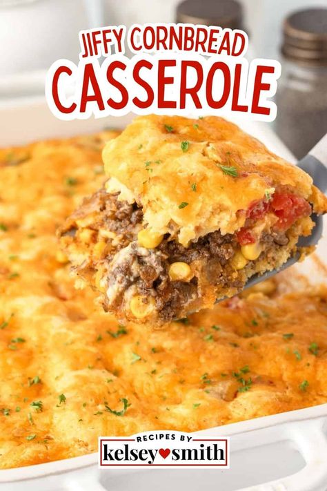 Ground Beef Jiffy Cornbread Casserole is made with layers of seasoned beef, corn, tomatoes, and cheese between two layers of cornbread. This is the ultimate comfort food dinner that’s super easy to make for the whole family. With simple ingredients, this recipe is for a 9x13 dish and makes 8 servings, perfect for busy weeknights. It reheats well, so you’ve got lunch or dinner covered for the next few days. Easy Ground Beef And Biscuit Recipes, What To Do With Left Over Cooked Ground Beef, Cornbread Casserole With Ground Beef, Small Batch Casserole Recipes, Cowboy Cornbread Casserole Ground Beef, Recipes With Jiffy Cornbread, Cornbread And Ground Beef, Ground Beef And Cornbread, Ground Beef Cornbread Casserole