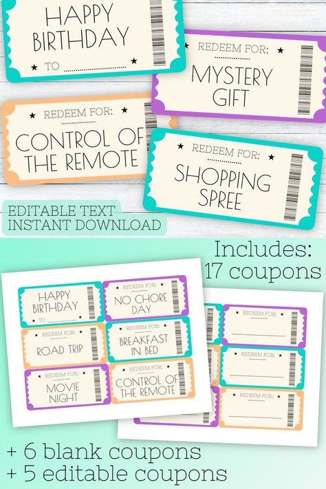 Birthday Voucher Ideas, Book Gifts Diy, Sister Gifts Diy, Surprise Present, Surprise Birthday Gifts, Printable Tickets, 10 Birthday, Homemade Mothers Day Gifts, Birthday Coupons