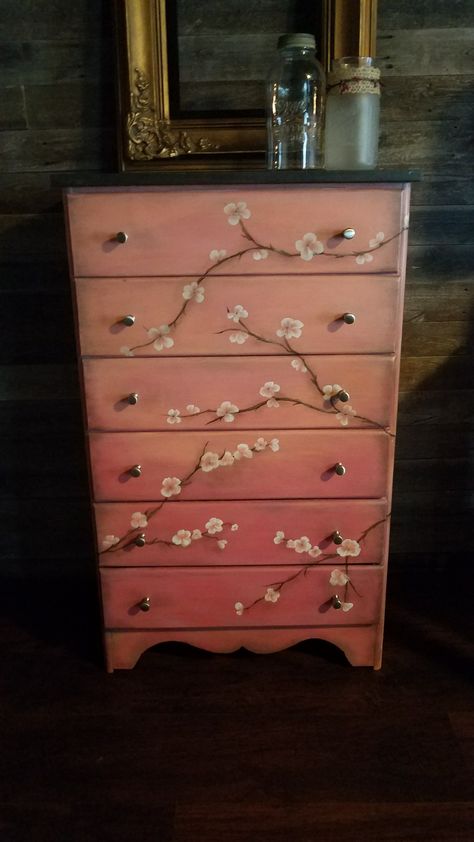 Coral ombre dresser with hand painted cherry blossoms Hand Painted Dresser Ideas, Dresser Painting, Dresser Paint, Peal And Stick Wallpaper, Cherry Wood Furniture, Exhibit Ideas, Sakura Season, Hand Painted Dressers, Coral Ombre