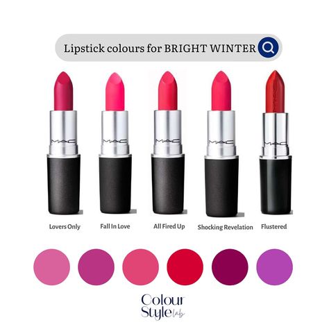 Bright Winter lipsticks are fuchsia, reds and purple shades. Avoid warm colours like orange and yellow based reds. . . . Bright winter lipstick examples. . . . #brightwinter #clearwinter #colouranalysis #coloranalysis #highcontrast #highcontrastmakeup Lipstick For Winter Skin Tone, Bright Winter Lipstick Colors, Bright Winter Lipstick, Bright Winter Palette, Bright Winter Makeup, Winter Lipstick Colors, Winter Skin Tone, Winter Lipstick, Winter Bright