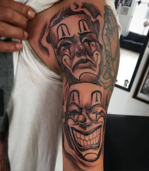 101 Amazing Drama Face Tattoo Ideas That Will Blow Your Mind! | Outsons | Men's Fashion Tips And Style Guide For 2020 Drama Faces Tattoo, Drama Face Tattoo, Clown Face Tattoo, Swallow Tattoo Meaning, Two Face Tattoo, Face Tattoo Ideas, Chicanas Tattoo, Latest Tattoo Design, Laugh Now Cry Later