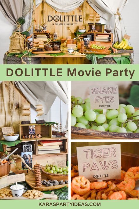 DOLITTLE Movie Party via Kara's Party Ideas - KarasPartyIdeas.com #AD Dolittle Movie, Disney Movie Night Food, Movie Night Theme, Movie Night Food, Dr Dolittle, Disney Movie Night, Party Spread, Movie Snacks, Movie Night Party