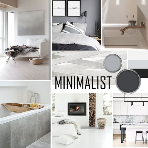 Minimalistic Purity Mood Board Minimalist Style Interior Design Mood Board, Minimalist Bedroom Mood Board, Minimalist Mood Board Interior Design, Minimalist Mood Board, Contemporary Mood Board, Mood Board Interior Design, Board Interior Design, Interior Styles Guide, Cozy Minimalism