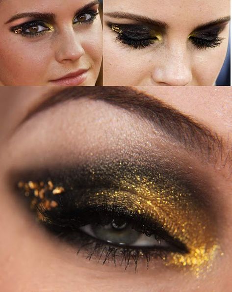 I'm not one for the black eye, but I love this!! Emma Watson Eyeshadow Look Black And Gold Eyeshadow, Golden Eye Makeup, Bronze Smokey Eye, Black Eye Makeup, Gold Makeup Looks, Gold Eye Makeup, Black Eyeshadow, Gold Eyeshadow, Gold Makeup