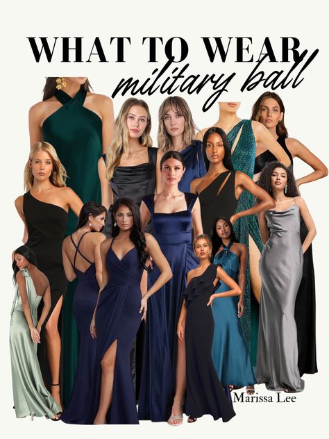 Blue, green, and black dresses for the formal military ball. Military Formal Dress, Military Ball Dresses Jrotc High School, Military Ball Hairstyles, Marine Corps Ball Dresses, Marine Ball Dresses, Black Formal Dresses, Marine Corps Birthday, Navy Ball, Marine Corps Ball