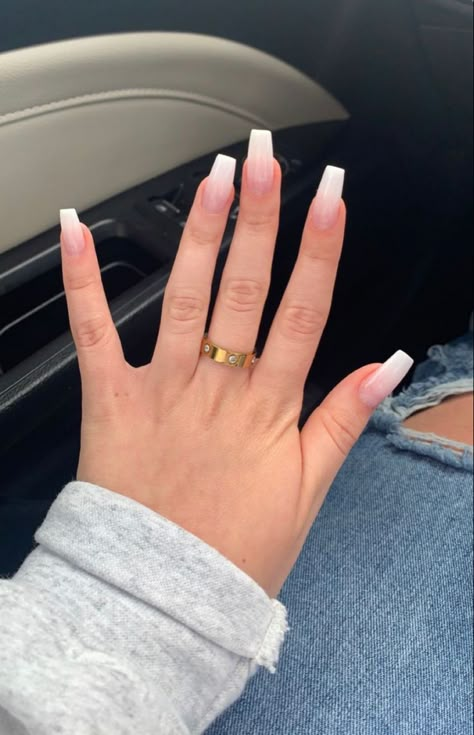 Square Ombre French Tip Nails, White Nails Ombre French Tips, Pink To White French Tip, Ombre White French Tip Nails, Pink And White Set Nails, Tapers Square Nails, White And Pink Ombre Nails With Jewels, Gel Pink Nails Acrylic, Ombre Pink To White Nails