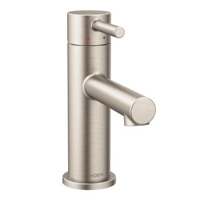 Align Brushed nickel one-handle bathroom faucet  -- 6190BN -- Moen Moen Align Bathroom Faucet, Minimalist Powder Room, Moen Align, Bathroom Faucets Brushed Nickel, Brushed Nickel Bathroom, Custom Countertops, Single Handle Bathroom Faucet, Single Hole Bathroom Faucet, Lavatory Faucet