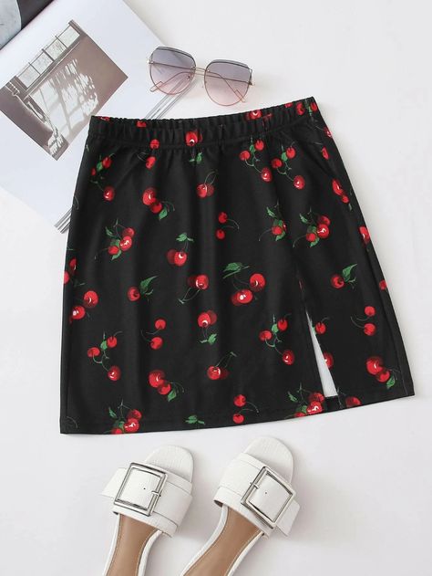 Korean Outfits Ideas, Cherry Skirt, Cute Sweatpants Outfit, Split Hem Skirt, Cute Sweatpants, Anime Dress, Cherry Print, Hem Skirt, Skirt Outfit