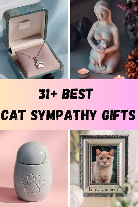 31+ best cat sympathy gifts including a paw print necklace, a figure holding a cat, a paw print urn, and a framed picture of a cat with the text "Forever in heart". Cat Remembrance Ideas, Pet Remembrance Ideas, Gifts For Someone Who Lost A Pet, Diy Pet Memorial Ideas, Sympathy Gift Ideas, Memorial Gift Ideas, Cat Memorial Garden, Pet Bereavement Gifts, Cat Sympathy