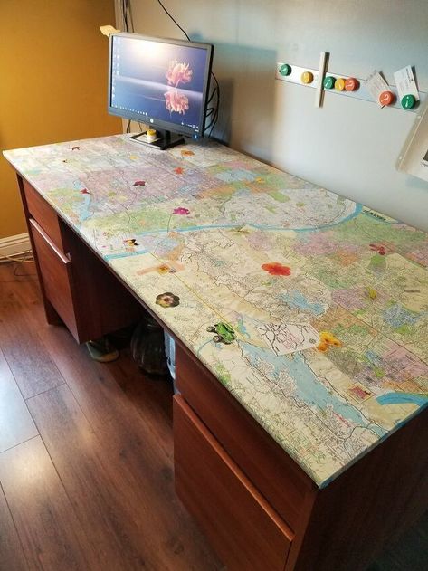 Decoupage Desk, Metal Desk Makeover, Creativity Room, Wood Spa, Leather Top Desk, Burled Wood Furniture, Diy Map, Vintage Metal Desk, Shiplap Wall Diy