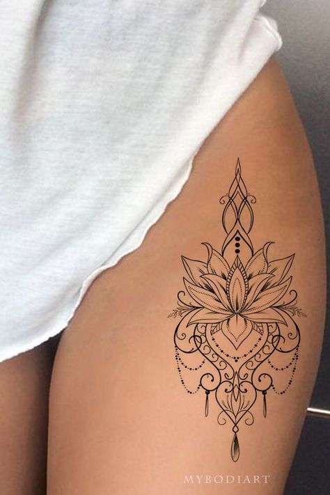 Shop Temporary Tattoos at www.MyBodiArt.com Thigh Tattoos Women Mandala, Thigh Tats, Lotus Chandelier, Tattoo Ideas For Female, Chandelier Tattoo, W Tattoo, Tattoo Sheets, Hip Tattoo Designs, 2 Tattoo