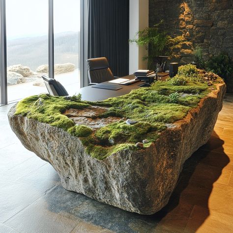 This moss-covered rock office desk blends natural beauty with functional design. The surface is made from a smooth, polished stone, carefully selected for its organic texture, and adorned with a live moss layer that creates a serene, earthy ambiance. The moss adds a soft, tactile contrast to the rock’s solid structure, evoking a tranquil forest floor. Perfect for those who want to bring the outdoors into their workspace, this desk is not only a statement piece but also a reminder of nature’s ... Moss Covered Rocks, Organic Office, Rock Furniture, Moss Table, Stone Counter, Labyrinth Design, Rock Plants, Moss Covered, Crystal Beach