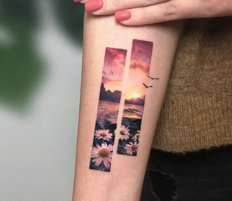 Tattoo photo - Sunset tattoo by Kozo Tattoo Kozo Tattoo, Rectangle Tattoo, Daisy Tattoo Ideas, Dreamer Tattoo, Sea And Flowers, Small Daisy Tattoo, Daisy Tattoo Designs, Realistic Flower Tattoo, Sunset Tattoo