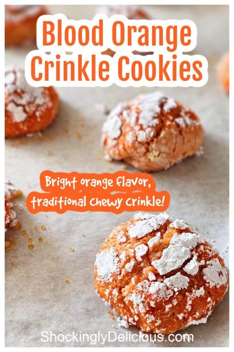 Blood Orange Crinkle Cookies give new life to the classic crinkle, with a soft, chewy, deeply orange, cakey interior and a sugar-cracked outside. Crinkles have traditionally been a chocolate cookie, but this new take will rev your engines! Cake Mix Cookies Recipes Easy, Orange Cookies Recipes, Orange Crinkle Cookies, Cake Mix Cookies Recipes, Fall Desserts For A Crowd, Cookies With Powdered Sugar, Powdered Sugar Cookies, Christmas Cookie Exchange Recipes, Orange Cookies