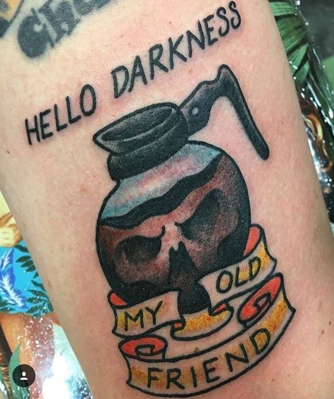 Coffee pot tattoo by Andy Northup @ All Star Tattoo Simon And Garfunkel, Coffee Tattoo, Food Tattoos, Coffee Tattoos, Coffee Instagram, Traditional Tattoo Design, Custom Tattoo Design, Coffee Branding, Design Coffee