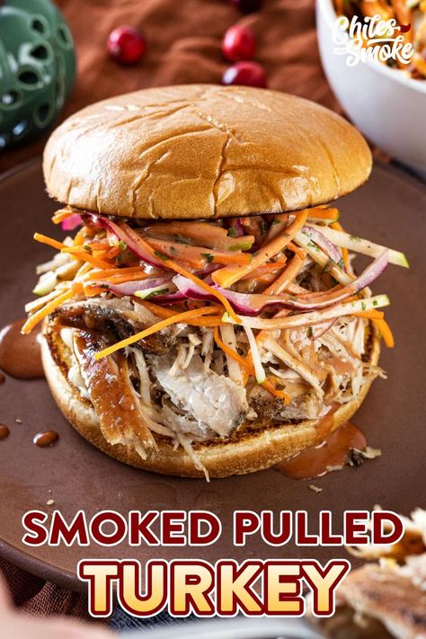 Pulled Turkey Recipes, Bbq Pulled Turkey, Pulled Turkey Sandwiches, Smoked Turkey Sandwich, Pulled Turkey, Turkey Thighs, Carrot Slaw, Smoked Jalapeno, Creamy Jalapeno