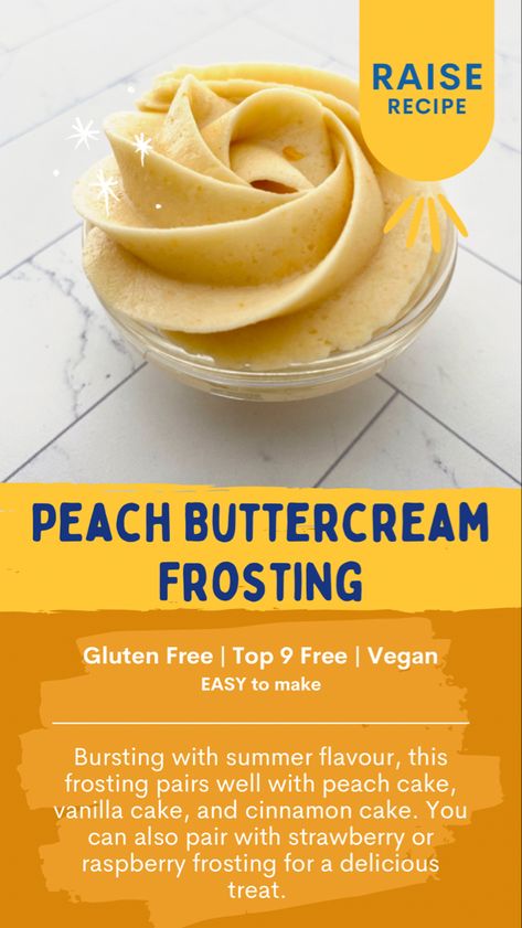 Rosette of dairy free, vegan peach buttercream frosting. Peach Frosting Recipe, Peach Buttercream Frosting, Peach Frosting, Butter Cream Recipe, Peach Buttercream, Buttercream Frosting Recipe Easy, Gluten Free Cupcake Recipe, Baked Doughnut Recipes, Gluten Free Vanilla Cake