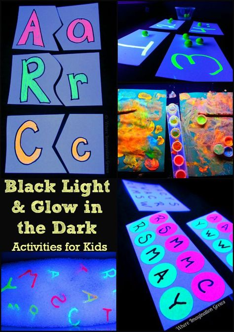 Black Light & Glow in the Dark Activities for Kids!! Fun hands on learning activities with a new twist for preschoolers and toddlers Prek Glow Party, Glow In The Dark Learning Activities, Glow In The Dark Writing Activities, Glow Day Classroom Activities Kindergarten, Glow Day Kindergarten Activities, Glow In The Dark Reading Activities, Glow Day Reading Activities, Glow In The Dark Activities For Kids, Glow Day Preschool