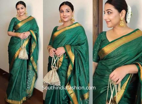 Vidya Balan attended a wedding recently wearing a green silk saree with matching elbow length sleeves blouse by Gaurang Shah. She accessorized her outfit with a pair of statement gold jhumkas and gold potli bag. Neutral makeup and a center parted gajra bun rounded out her look! Vidya Balan Saree Blouse, Vidya Balan Saree, Gaurang Shah, Celebrity Saree, Rajputi Dress, Saree Draping Styles, Khadi Saree, Wedding Shopping, Hot Blouse