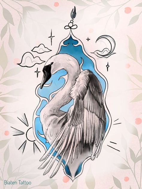 A swan surrounded by a nice blue color and some nice frame with little simple designs Swan Princess Tattoo, Swan Tattoo Design, Sides Tattoo, Dainty Tats, Swan Tattoo, Trumpeter Swan, Princess Tattoo, Body Modification, Black Work