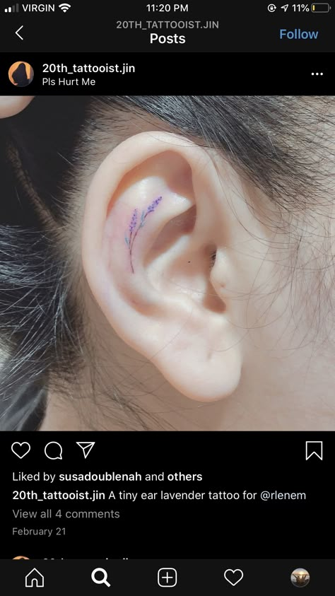 Flower On Ear Tattoo, Ear Tattoo Lavender, Lavender Ear Tattoo, White Ink Ear Tattoo, White Ear Tattoo, Ear Tattoo Flower, Dragon Tattoo Ear, Inner Ear Tattoos For Women, Small Ear Tattoos For Women