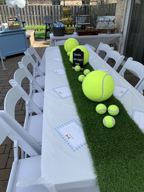 Tennis Themed Graduation Party, Tennis Ball Themed Dog Party, Padel Party Ideas, Tennis Centerpieces Ideas, Tennis Banquet Ideas, Tennis Party Ideas, Tenis Party, Tennis Themed Party, Puppy Adoption Party