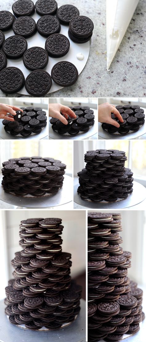 Hot Chocolate Party: Stacked Oreo Cake and Homemade Marshmallows Cookie Tower, Oreo Cookie Cake, Hot Chocolate Party, Cake Oreo, How To Stack Cakes, Decorator Frosting, Chocolate Party, Homemade Marshmallows, Candy Party Favors