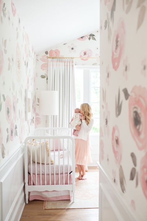 Girl Nursery | Lillya’s Nursery | http://monikahibbs.com Nursery With Wainscoting, Light Pink Accent Wall, Pink Wallpaper Nursery, Wainscoting Accent Wall, Pink Accent Wall, Soft Pink Wallpaper, Blush Pink Nursery, Wallpaper Nursery, Baby Wallpaper